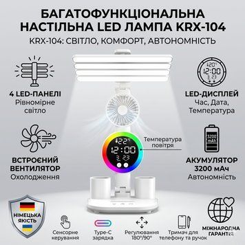 Настільна LED-лампа з 4 панелями, вентилятором і дисплеєм KRX-104 KRX104 фото
