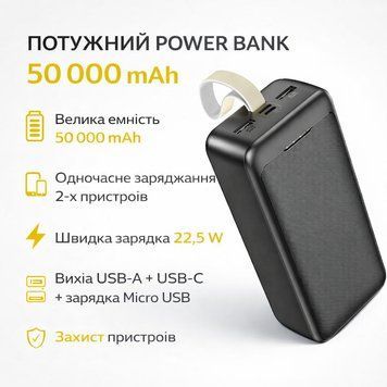 Повербанк Awei J111B 50000 mAh, 22.5W - портативный внешний аккумулятор с быстрой зарядкой, 3 выхода, Li-Pol, черный J111B фото