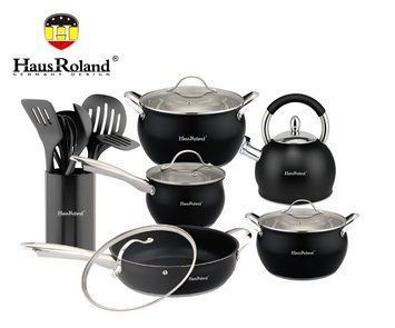 Набір посуду Haus Roland HR126-1, 18 предметів із неіржавкої сталі: каструлі 3,6/6,0 л, ківш 1,9 л, сковорода 2,9 л, чайник 3,0 ( HR126-1 фото