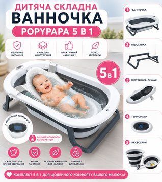 Дитячий набір для купання PopyPapa Baby 5-в-1 / Складана дитяча ванночка зі стійкою / Сидіння для купання новонароджених X652 фото