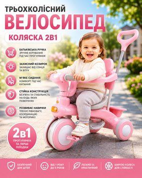 Розовый Трехколесный велосипед Baby Carriage 588 / Велосипед с родительской ручкой и корзиной / Велосипед-коляска PinkCarriage588 фото