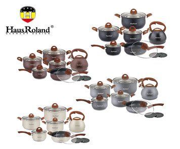 Набір посуду Haus Roland HR120-1 (14 предметів) з нержавіючої сталі: каструлі 2,6/3,6/6,1 л; ківш 1,9 л; сковорідка 2,9 л; чайник HR120-1 фото