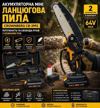 Ланцюгова пила акумуляторна міні Crownberg CB-3992 2 акумулятора шина 15 см з кейсом 64 В СВ-3992 фото