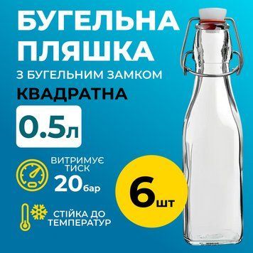 Пляшка Квадратна Бугельна, скляна (прозора) 0,5 л. з горбильним корком 6 шт. 100001987-100001129-6 фото
