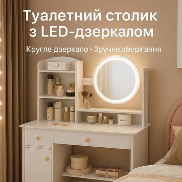 Туалетний столик STL-MD 73 з дзеркалом і LED-підсвіткою, з полицями та ящиками, білий STLMD73 фото